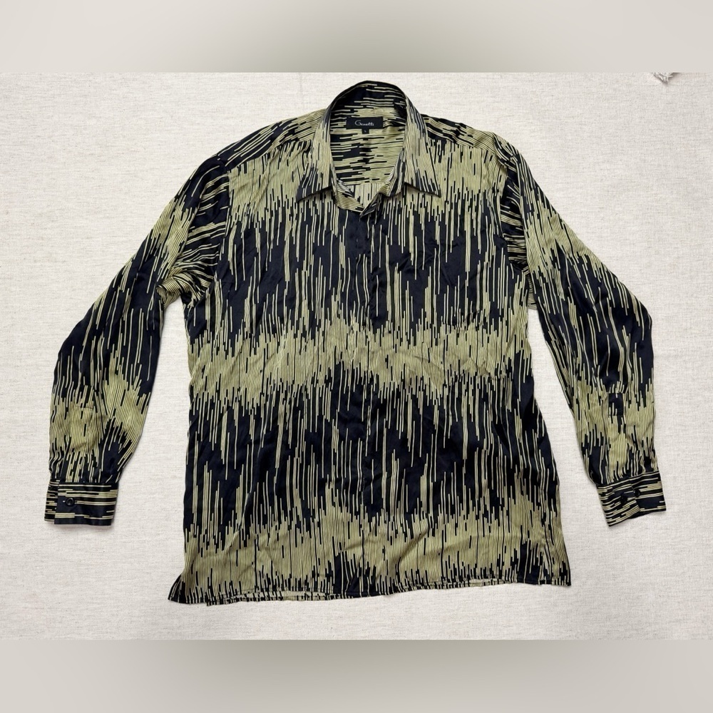 Vintage Genelli Mens Button Up Silk Shirt Large Retro Black Green Abstract - Picture 6 of 7